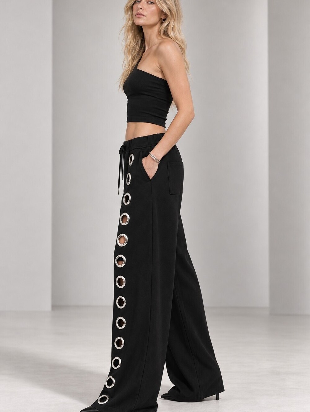 NWT Y2K Black Streetwear Oversized Grommet Wide Leg High Rise Pants Rave Grunge - Picture 6 of 15
